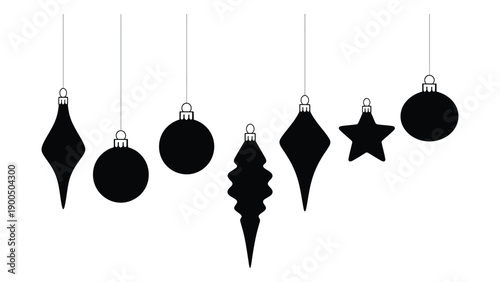 A festive display of black christmas ornaments hanging from strings. Vector