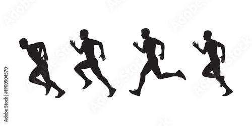 Black and white silhouette of four athletes running sequence, sporty fitness design with motion