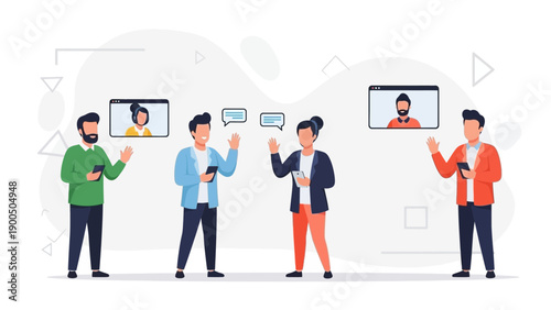 Diverse people connecting online via video calls and smartphones, modern communication concept