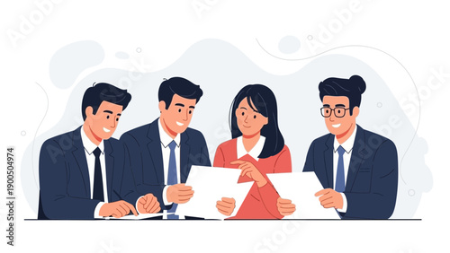 Diverse team of professionals collaborating on documents at a business meeting.