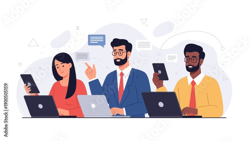 Diverse team working on laptops and phones, modern office collaboration