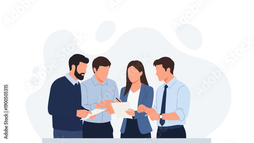 Diverse team collaborating on project, discussing documents and ideas