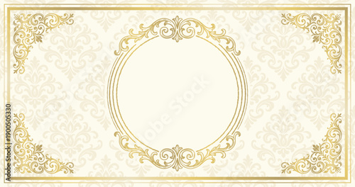 Luxury golden vintage frame background on beige. Blank damask banner with circular copy space.
