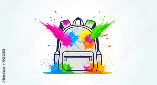 Vibrant backpack with colorful paint splatters on white background symbolizing creativity and fun