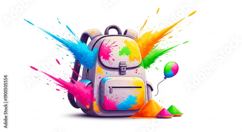 Colorful backpack with paint splatters and balloons symbolizing creativity and fun in education and travel