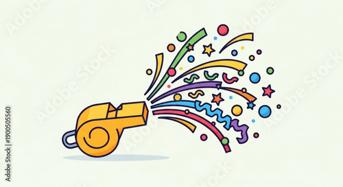 Vibrant yellow whistle blowing colorful confetti and stars on light green background for celebration