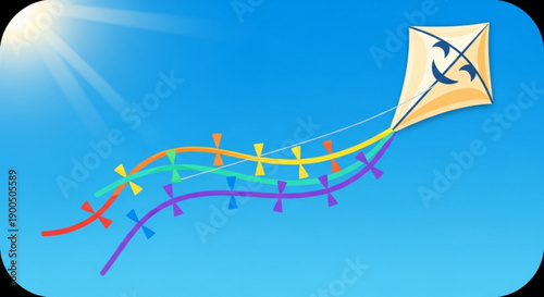 Colorful kite flying high in clear blue sky with sunshine and vibrant tail streamers