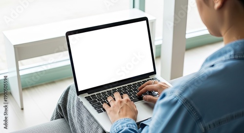 Person Typing on a Laptop Computer with Blank White Screen Indoors