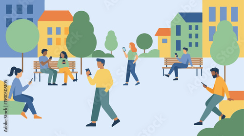 People engrossed in their smartphones while relaxing outdoors in a park with city buildings in the background