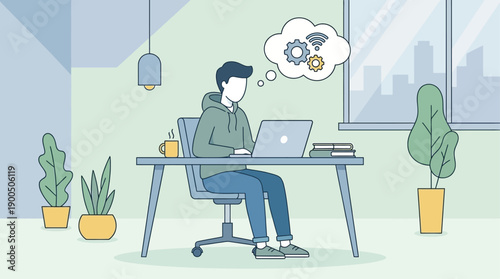 Person working remotely on a laptop at a desk with plants and a city view