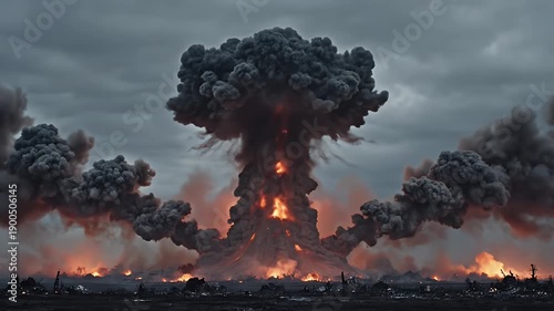 Massive Mushroom Cloud Explosion Ignites Sky Amidst Dark Stormy Clouds and Cityscape Fires Creating a Dramatic