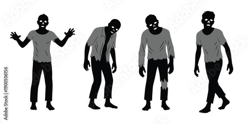  Dark zombie silhouette set, spooky walking undead figures for Halloween horror.