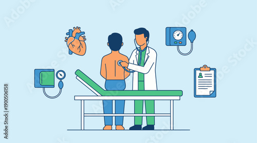 Doctor examining patient with stethoscope during a routine medical checkup, showcasing essential healthcare teamwork in a clean 2D flat vector style