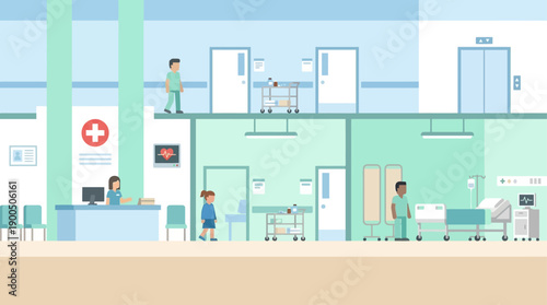 Vector illustration of a hospital interior with reception desk, doctors, patients, and medical equipment