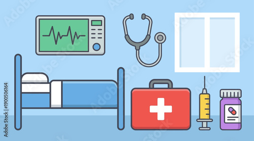 Vector illustration of essential medical equipment and hospital supplies. Ideal for healthcare, patient care, and healthy lifestyle concepts