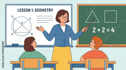 Dedicated Educator Guides Young Students Through Engaging Geometry and Arithmetic Lessons in a Bright Classroom