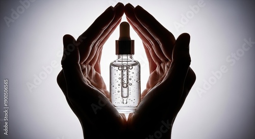 Two Hands Gently Holding A Dropper Bottle Of Clear Serum With Bubbles Against A Bright Light
