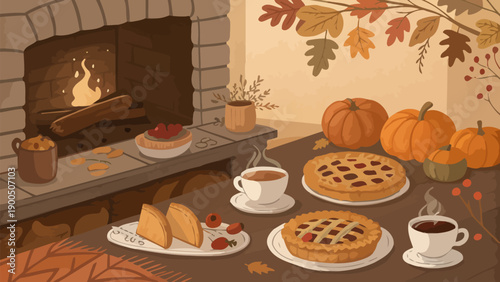 Cozy autumn scene with pies and pumpkins by a warm fireplace