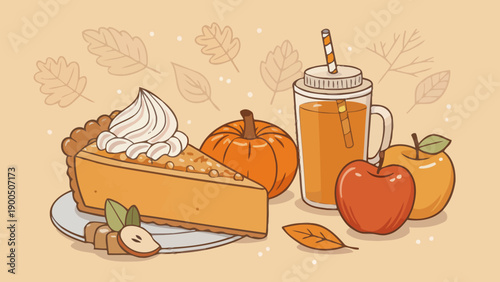 Autumn treats with pumpkin pie, apples, and cider