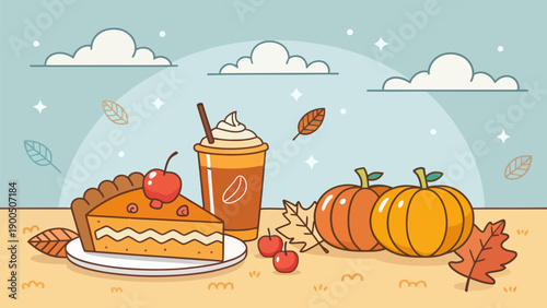 Autumn treats with pumpkin pie, coffee, and pumpkins on a cozy table