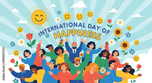 Diverse group celebrating international day of happiness with flowers and emojis