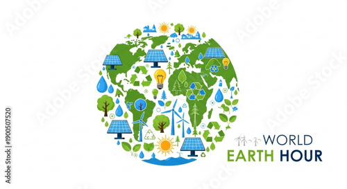 Earth hour illustration with globe and eco friendly icons symbolizing environmental awareness and sustainability