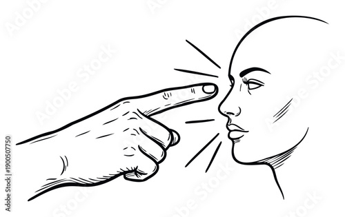 Detailed line drawing depicting a human hand pointing forcefully towards a womans head, symbolizing direct communication, psychological influence, or a profound connection, useful for