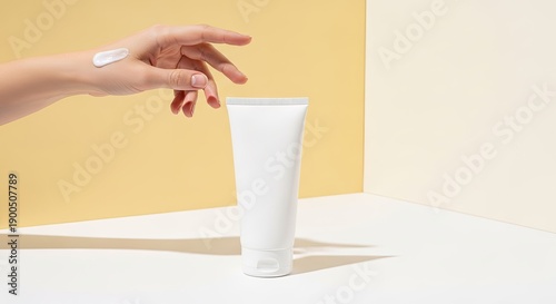 Close Up Hand Applying White Cream From Tube To Skin Against Beige And Yellow Background Studio