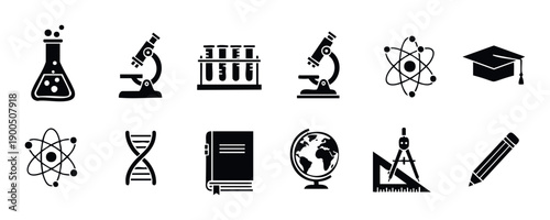 Comprehensive collection of essential black silhouette science and education icons, perfect for academic presentations, educational websites, school graphic projects, scientific research