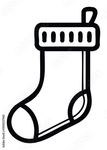 Simple black outline Christmas stocking graphic for festive holiday season designs and winter celebration decorations or giftgiving event promotions.