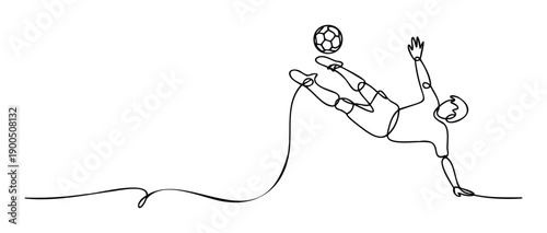 Vibrant continuous line drawing showcasing an agile soccer player performing an acrobatic bicycle kick with a ball, excellent for captivating sports event promotions and dynamic athletic