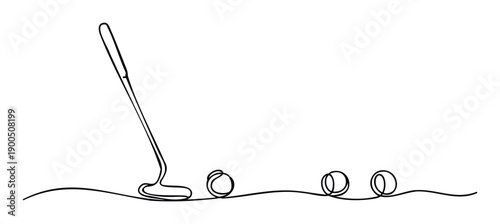 Minimalist continuous line drawing of a golf putter about to hit multiple golf balls on a simple course illustrating golf sports and equipment for web graphics or marketing materials