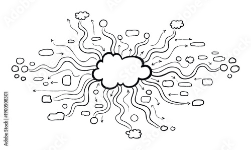 Hand drawn network diagram with a central cloud processing various data flows and connections to diverse information nodes, perfect for visualizing complex systems, brainstorming, and