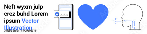 Online security, anatomy, healthcare, communication, technology, wellness. Smartphone with a shield icon, blue heart and breathing anatomy diagram. Online security and anatomy concept