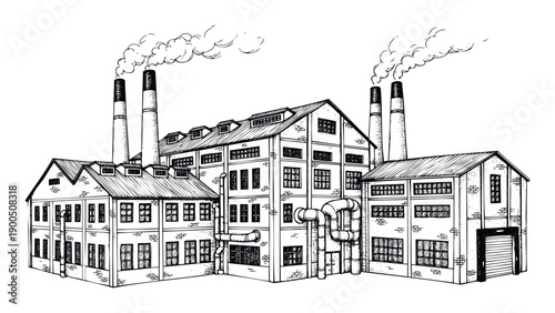 Industrial manufacturing facility composed of multiple buildings and tall smokestacks emitting smoke, complete with extensive pipework, suitable for historical context or energy sector