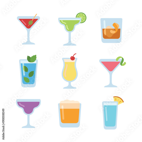 Flat Design Colorful Assorted Cocktail Drink Glass Collection Illustration