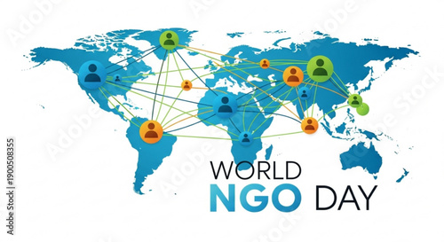 World ngo day global connections map with people icons and lines on blue continents