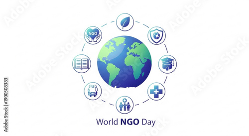World ngo day globe with icons representing humanitarian aid and global support