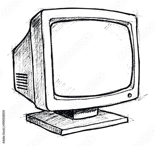 Classic computer monitor with a distressed hand drawn texture perfect for technology history blogs software development company branding or vintage electronic store promotions