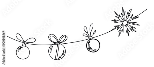 Stylized minimalist line drawing of a Christmas garland featuring round ornaments and a snowflake ideal for holiday season greetings cards event invitations or festive decorative elements