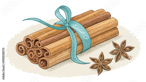 Cinnamon sticks tied with ribbon and star anise on rustic background