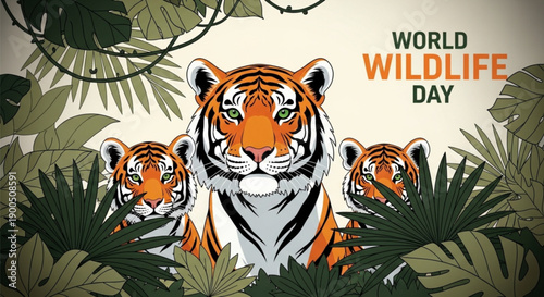 Three tigers in jungle foliage on world wildlife day with green eyes and orange fur