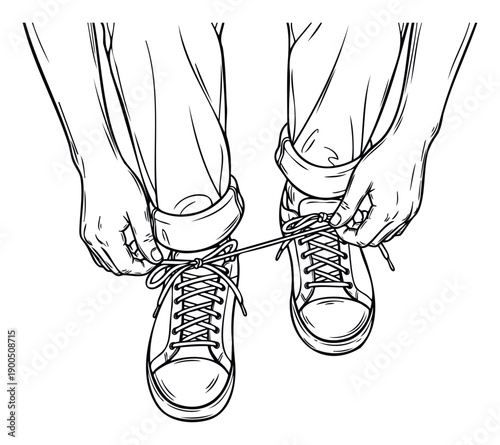 Person tying shoelaces on comfortable casual sneakers with cuffed jeans, depicting preparation for a journey or active day, perfect for lifestyle and footwear advertising
