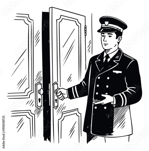 Professional bellhop in uniform holding an elegant doorknob, inviting guests into a luxurious setting for hospitality and service industry themes