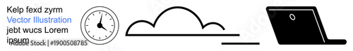 Time management, digital work, online education, remote working, productivity, technology. Clock, cloud graphic and laptop icon in minimalist style. Time management and digital work