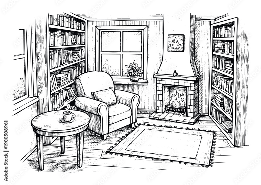 Naklejka premium Warm and inviting reading nook featuring a comfortable armchair, filled bookshelves, and a glowing fireplace, perfect for tranquil relaxation and academic pursuits or home interior design