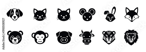 A collection of simple black and white animal head icons, including domestic pets and wild animals, perfect for graphic user interfaces, educational resources, or animalthemed branding.