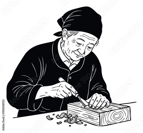 Elderly Asian woman intently engaged in the traditional craft of wood carving using a hand chisel, creating delicate wood shavings for artisan hobby and DIY home decor projects.