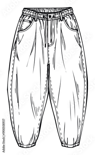 Versatile and comfortable loose fitting pants outline sketch featuring an elastic drawstring waistband and front pockets, ideal for clothing catalogs, fashion design projects, and apparel