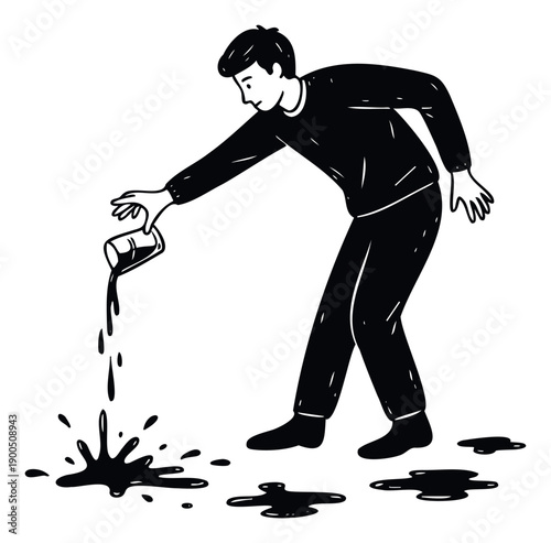 A young man is shown spilling a dark liquid from a cup onto the ground creating a messy splash and puddles, useful for depicting accidents or mistakes.